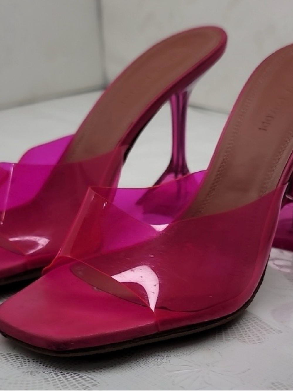 Amina Muaddi Hot Pink PVC Stiletto Mules